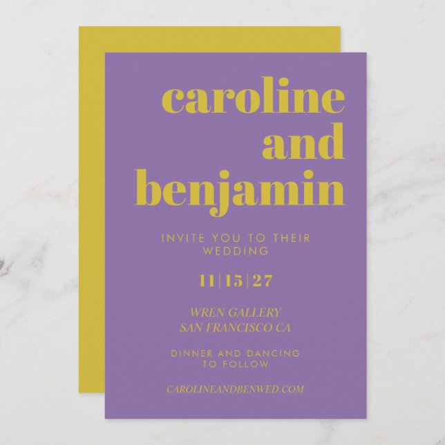 Bold Bright Purple and Yellow Modern Wedding Invit Invitation (Front/Back)