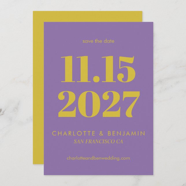 Bold Bright Purple and Yellow Typography Modern Save The Date (Front/Back)