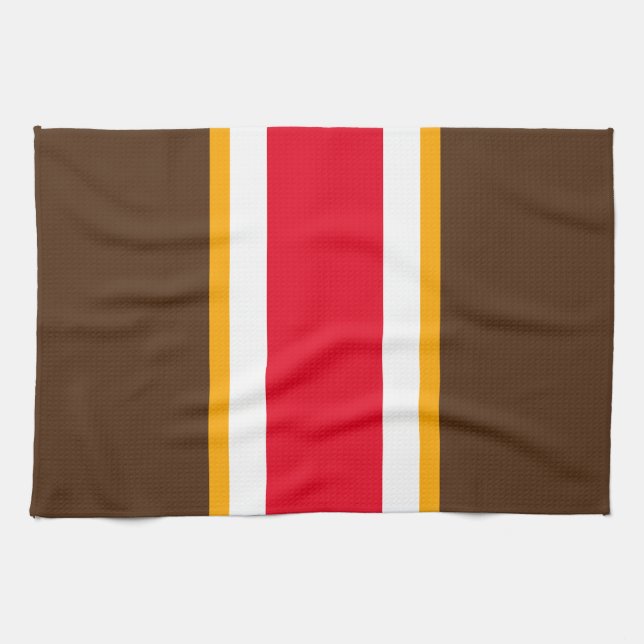 Bold Bright Red Cocoa White Yellow Racing Stripes Tea Towel (Horizontal)