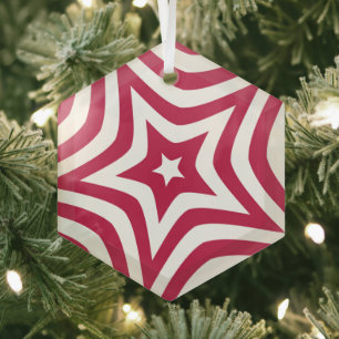 Bold & Bright Red & White Star in a Vector Pattern Glass Tree Decoration