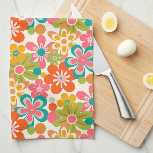 Bold Bright Retro Abstract Flower Pattern Tea Towel (Quarter Fold)