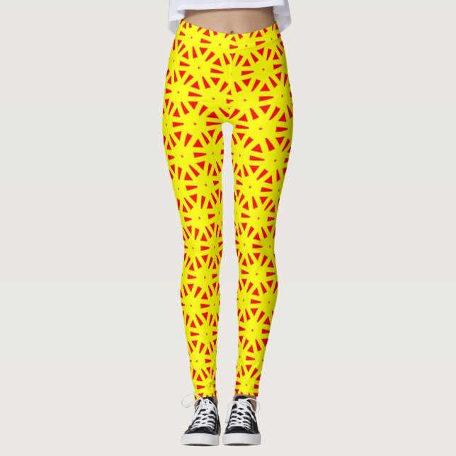 Bold Bright Vivid Red and Yellow Suns Pattern Leggings (Front)