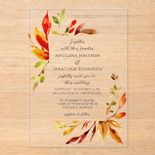 Bold Bright Watercolor Autumn Leaves Wedding Acrylic Invitations