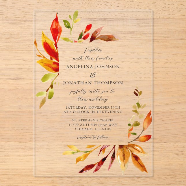 Bold Bright Watercolor Autumn Leaves Wedding Acrylic Invitations (Front)