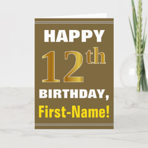 Bold, Brown, Faux Gold 12th Birthday w/ Name Card