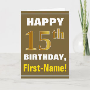 Bold, Brown, Faux Gold 15th Birthday w/ Name Card