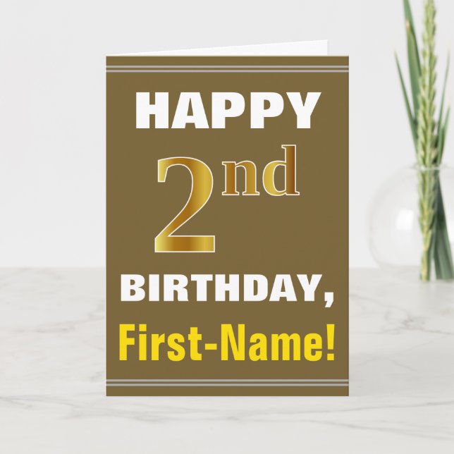 Bold, Brown, Faux Gold 2nd Birthday w/ Name Card (Front)