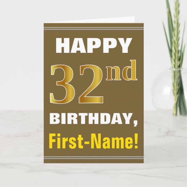 Bold, Brown, Faux Gold 32nd Birthday w/ Name Card (Front)