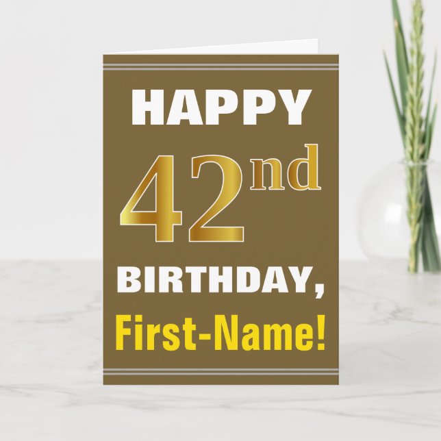 Bold, Brown, Faux Gold 42nd Birthday w/ Name Card (Front)