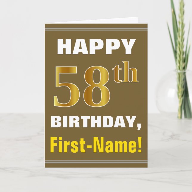 Bold, Brown, Faux Gold 58th Birthday w/ Name Card (Front)