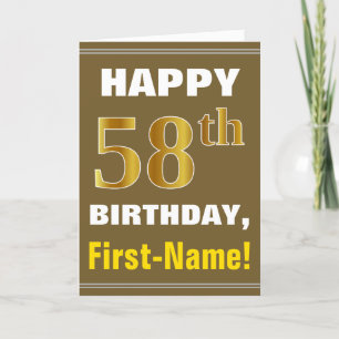 Bold, Brown, Faux Gold 58th Birthday w/ Name Card