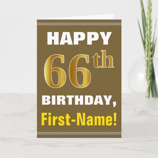 Bold, Brown, Faux Gold 66th Birthday w/ Name Card (Front)