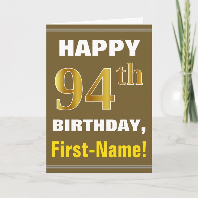 Bold, Brown, Faux Gold 94th Birthday w/ Name Card (Front)