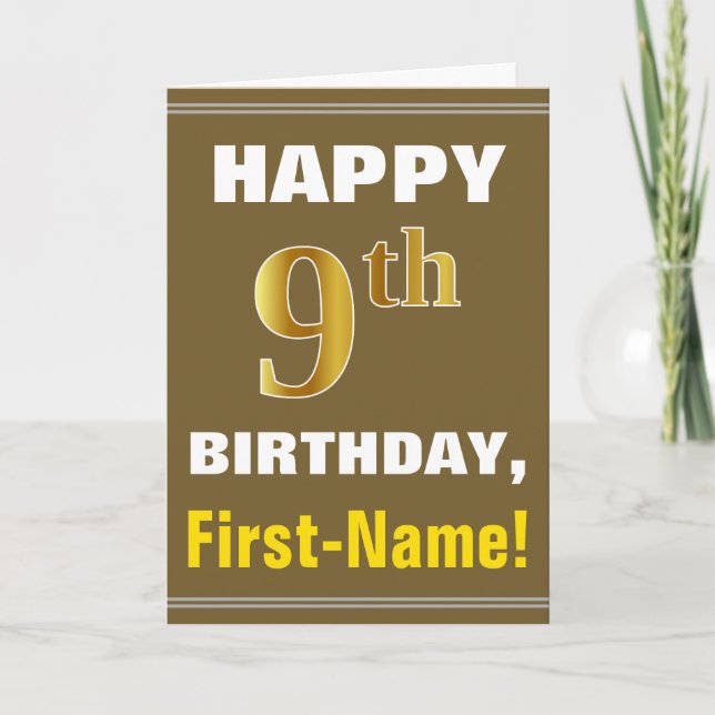 Bold, Brown, Faux Gold 9th Birthday w/ Name Card (Front)