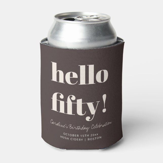 Bold Brown Modern 50th Birthday Custom Party Favor Can Cooler (Can Front)