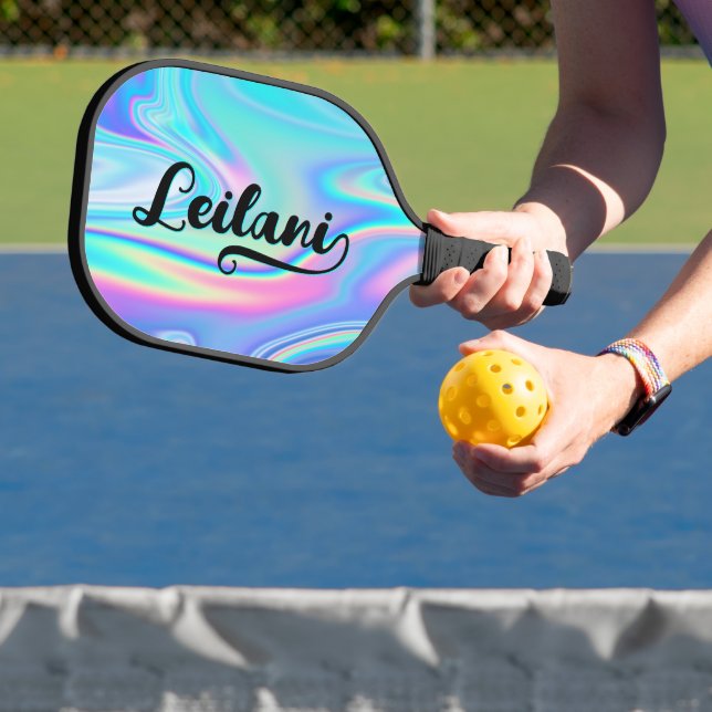 Bold Brush Script Name Ends with I Aqua Iridescent Pickleball Paddle (Insitu)