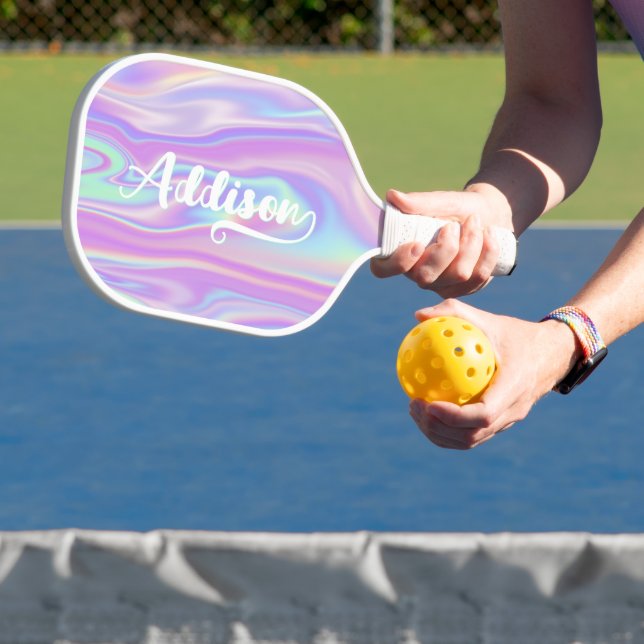Bold Brush Script Name Ends with N Pink Iridescent Pickleball Paddle (Insitu)
