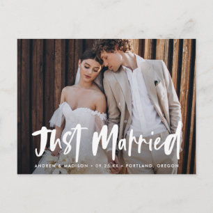 Bold Brush Script Photo Just Married Wedding Postcard
