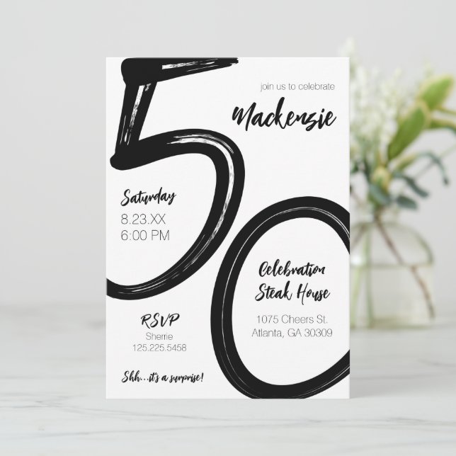 Bold Brush Stroke 50th Birthday Surprise Party Invitation (Standing Front)