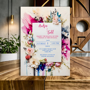 Bold brush strokes floral watercolor wedding invitation