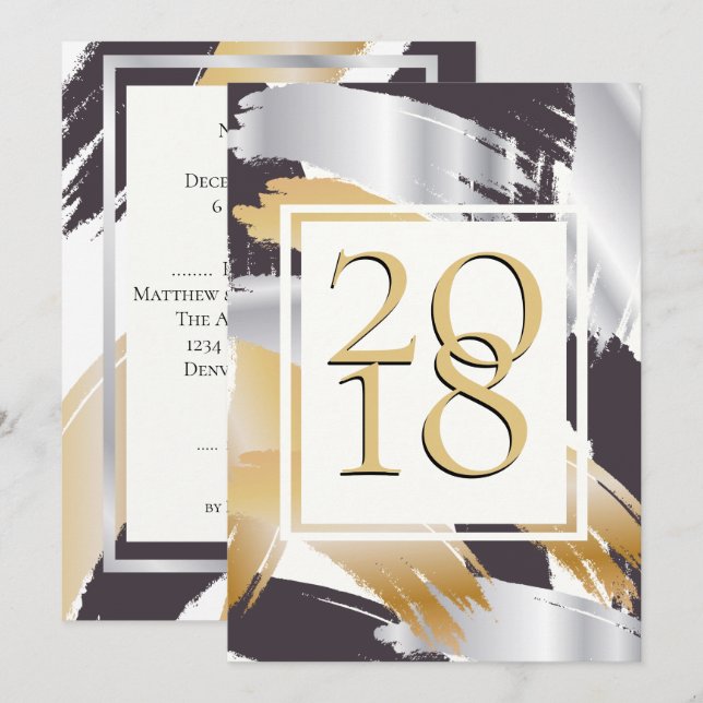 BOLD Brush Strokes Gold Silver & Black NYE BASH Invitation (Front/Back)