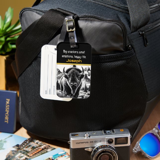 Bold Buffalo Against Mountain Luggage Tag (Front & Back)
