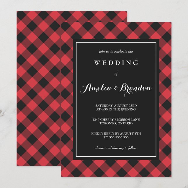 Bold Buffalo Plaid Red & Black Wedding Invitation (Front/Back)