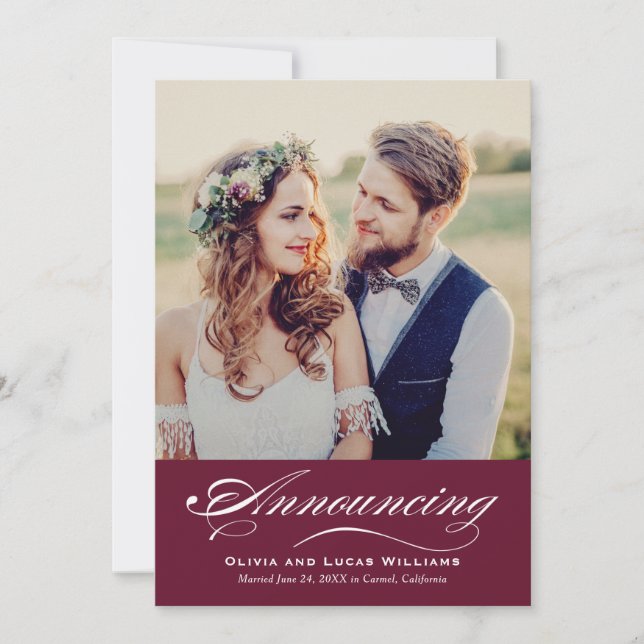 Bold Burgundy Calligraphy Photo Reception Invitation (Front)