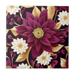 Bold Burgundy Gold Leaves And Floral Tile