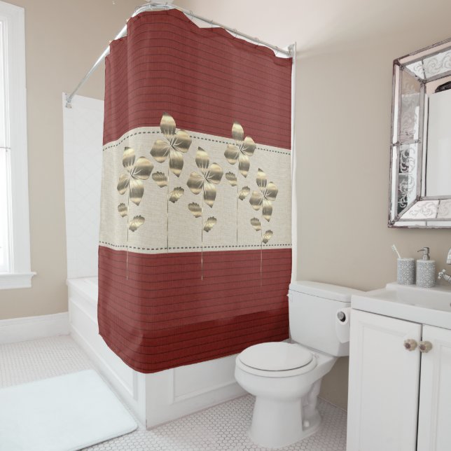 Bold Burgundy Linen Stripes Gold Flowers Shower Curtain (In Situ)