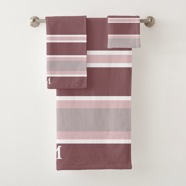 Bold Burgundy Wine Grey Monogram Bath Towel Set (Insitu)