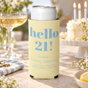 Bold Butter Yellow Blue Modern 21st Birthday Party Seltzer Can Cooler