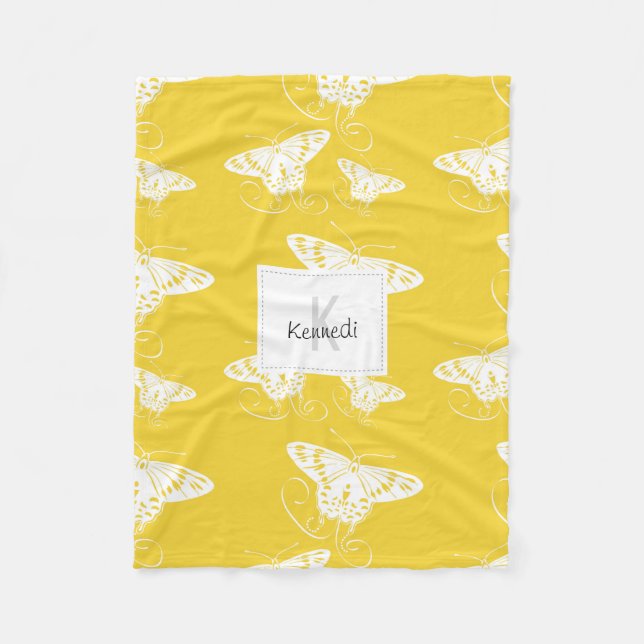 Bold Butterflies White On Bright Yellow Fleece Blanket (Front)