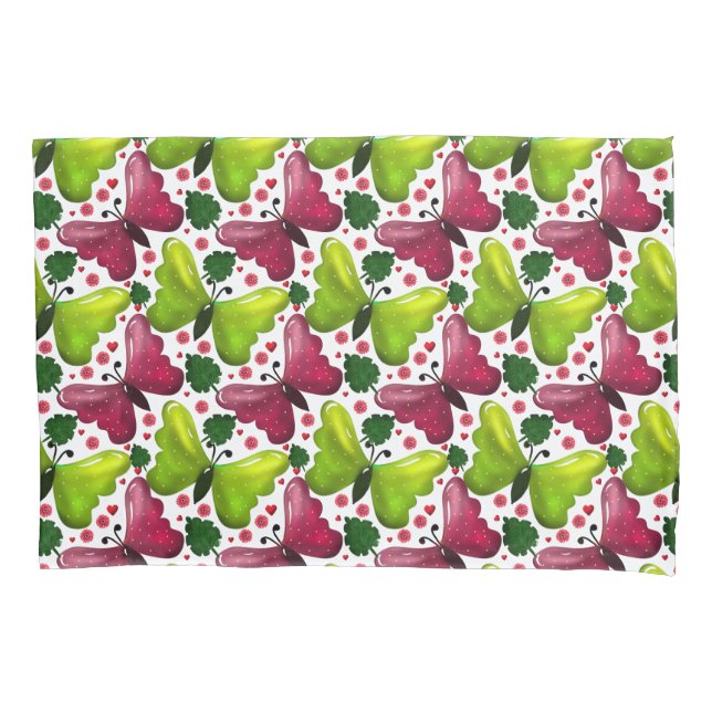 Bold Butterfly Floral Pattern with Hearts Pillowcase (Front)