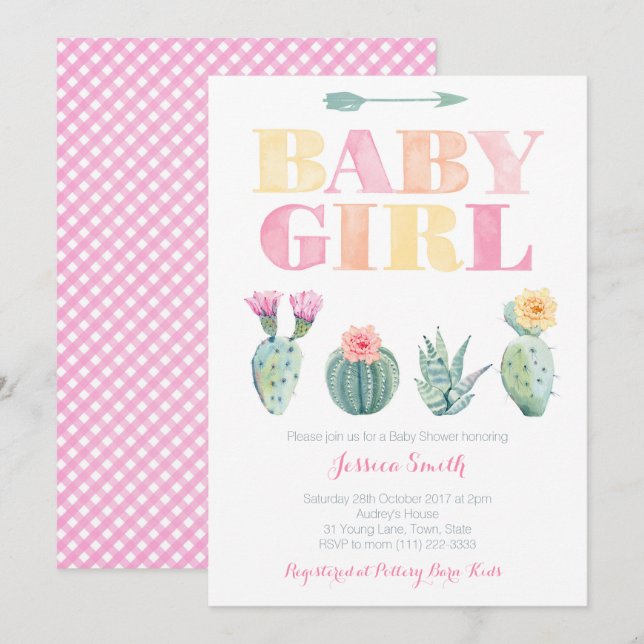Bold Cactus Watercolor Baby Girl Shower Invitation (Front/Back)
