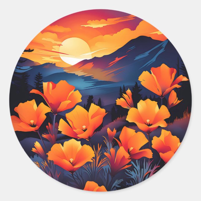 Bold California Poppy with Fiery Sunset Classic Round Sticker (Front)