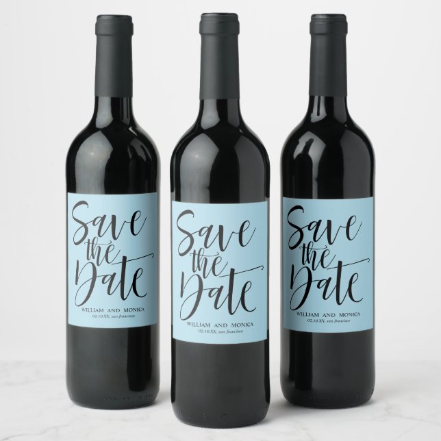 Bold Calligraphy  Black Azure modern save the date Wine Label (Bottles)