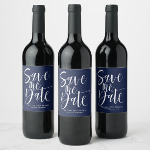 Bold Calligraphy Navy White modern save the date Wine Label