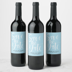 Bold Calligraphy White Azure modern save the date Wine Label