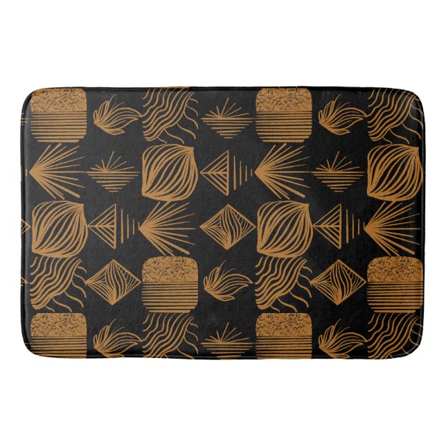 Bold Caribbean Tribal Mudcloth: Black, Gold Bath Mat (Front)