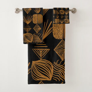 Bold Caribbean Tribal Mudcloth: Black, Gold Bath Towel Set