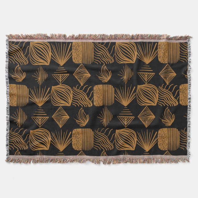 Bold Caribbean Tribal Mudcloth: Black, Gold Throw Blanket (Front)
