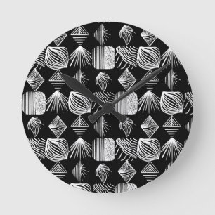 Bold Caribbean Tribal Mudcloth – Black & White,  Round Clock