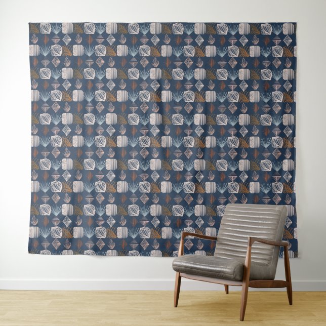 Bold Caribbean Tribal Mudcloth: Navy Blue, Boho Tapestry (In Situ (Horizontal))