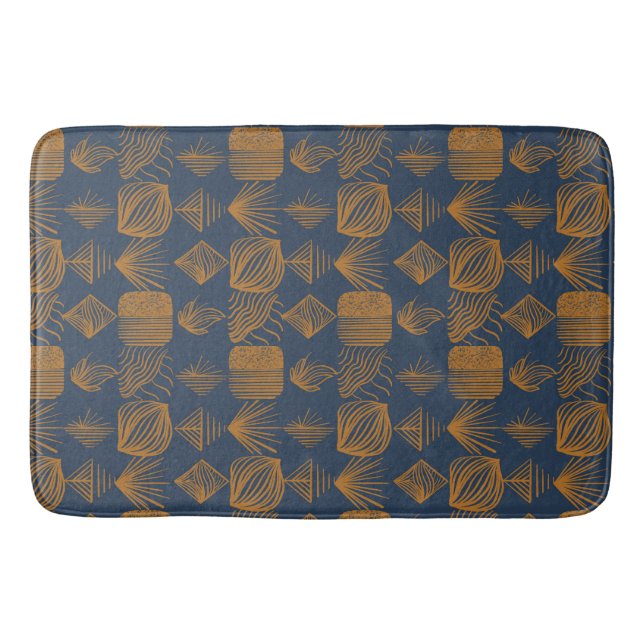 Bold Caribbean Tribal Mudcloth: Navy Blue, Gold Bath Mat (Front)
