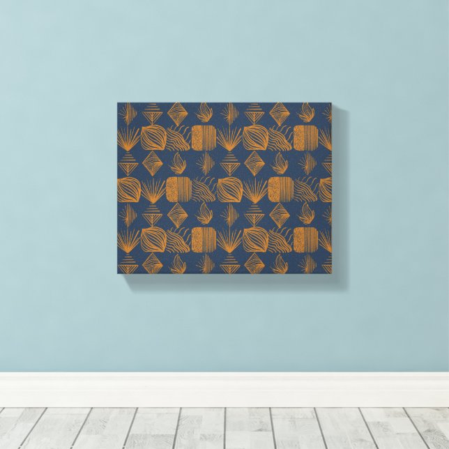 Bold Caribbean Tribal Mudcloth: Navy Blue, Gold Canvas Print (Insitu(Wood Floor))