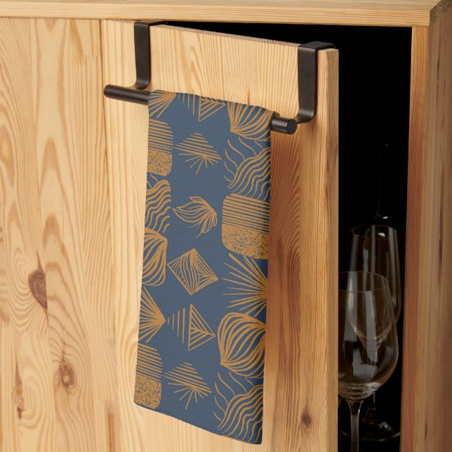 Bold Caribbean Tribal Mudcloth: Navy Blue, Gold Tea Towel (Thirds Fold)