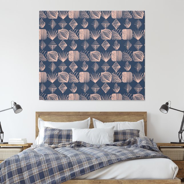 Bold Caribbean Tribal Mudcloth: Navy Blue, Pink Canvas Print (Insitu(Bedroom))
