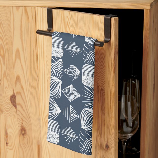 Bold Caribbean Tribal Mudcloth: Navy Blue& White,  Tea Towel (Thirds Fold)