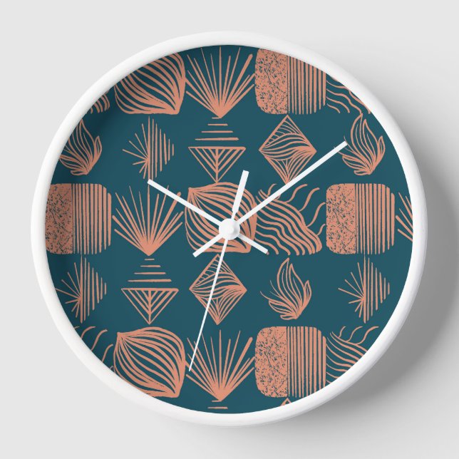 Bold Caribbean Tribal Mudcloth: Teal, Coral Throw Clock (Front)